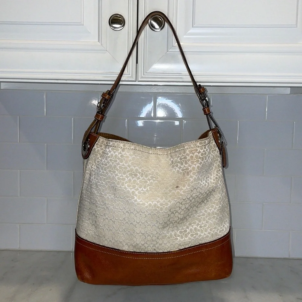 Coach Signature Canvas & Leather Hobo Shoulder Tote Bag_3